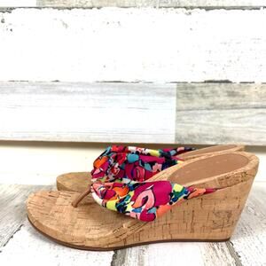 Alex Marie Womens 7.5 Multicolor Floral Fabric Cork Wedge Slip On Sandals NEW